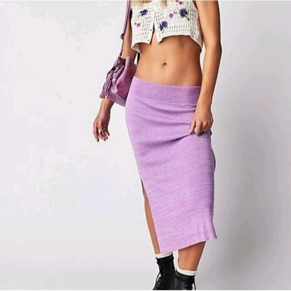 Free People Golden Hour Ribbed Knit Midi Skirt Sz M Purple Side Slit Boho